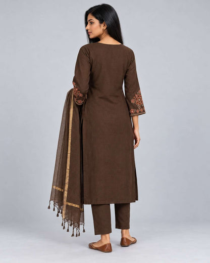 Brown Embroidered Cotton Kurta and Pant with Dupatta