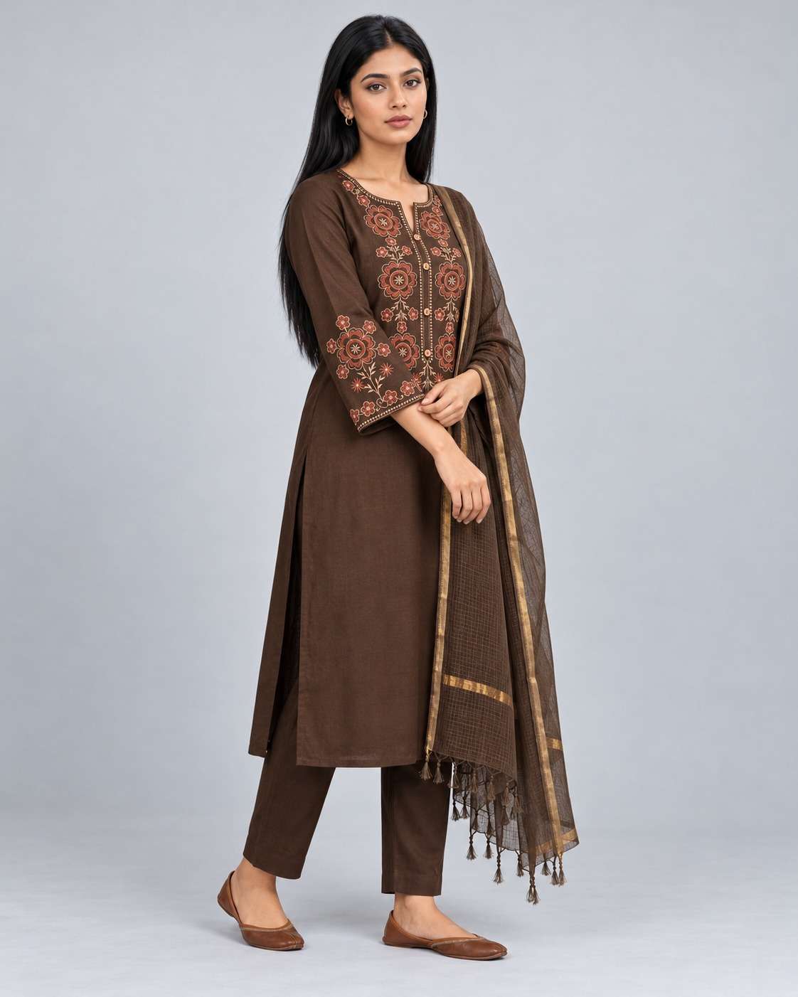 Brown Embroidered Cotton Kurta and Pant with Dupatta