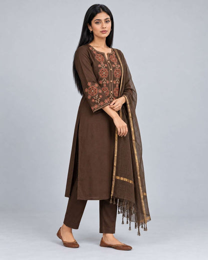 Brown Embroidered Cotton Kurta and Pant with Dupatta