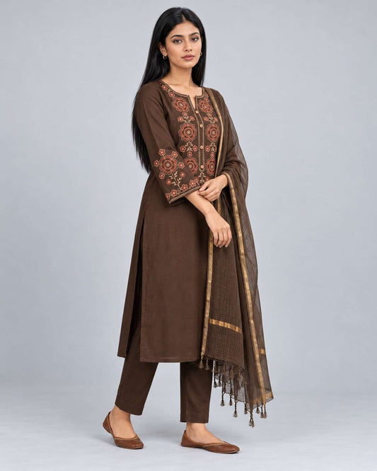 Brown Embroidered Cotton Kurta and Pant with Dupatta