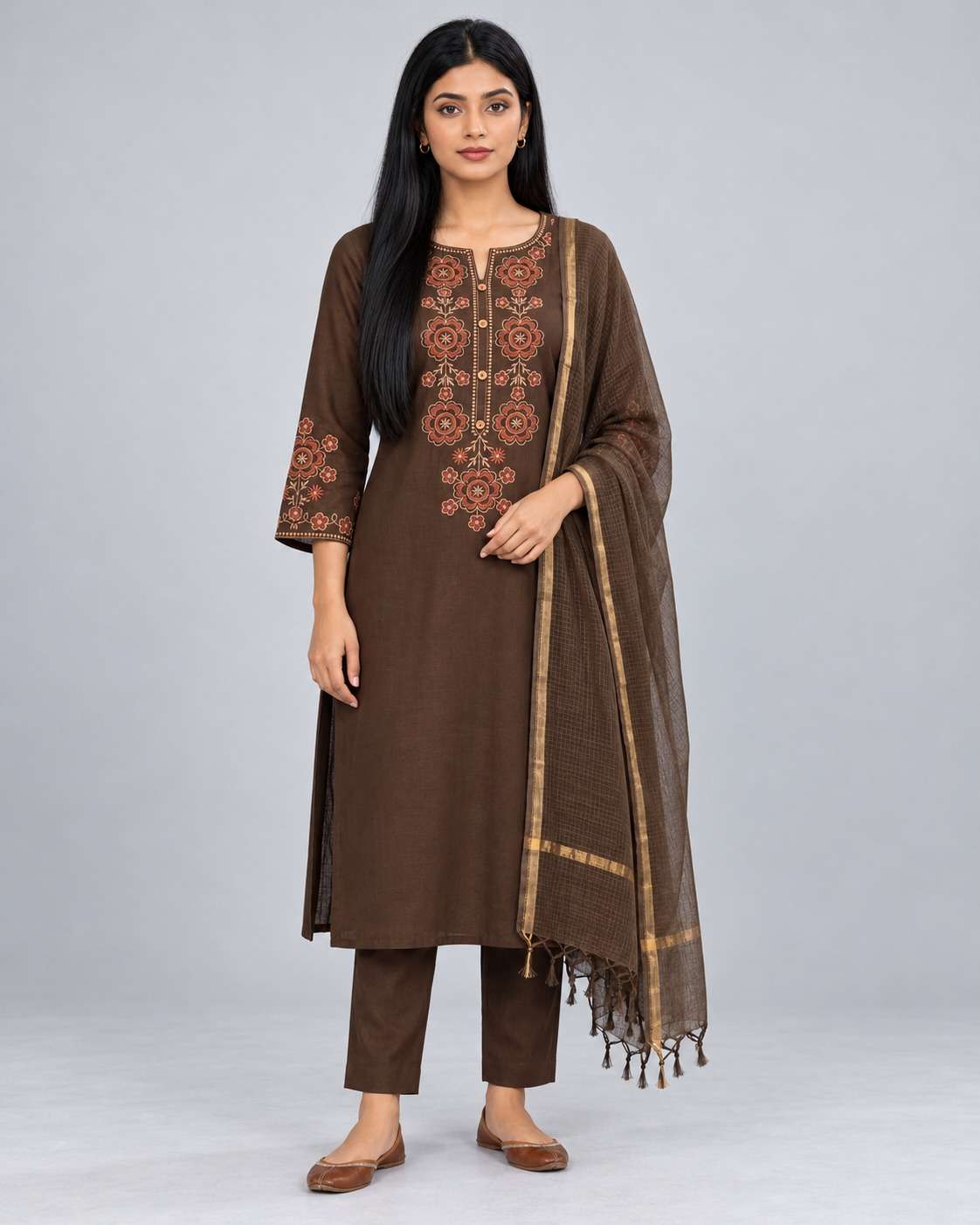 Brown Embroidered Cotton Kurta and Pant with Dupatta