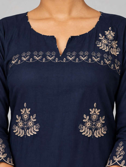 Navy Blue Embroidered Mul Cotton Kurta and Pant with Dupatta