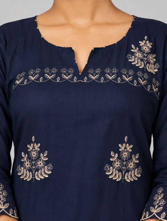 Navy Blue Embroidered Mul Cotton Kurta and Pant with Dupatta