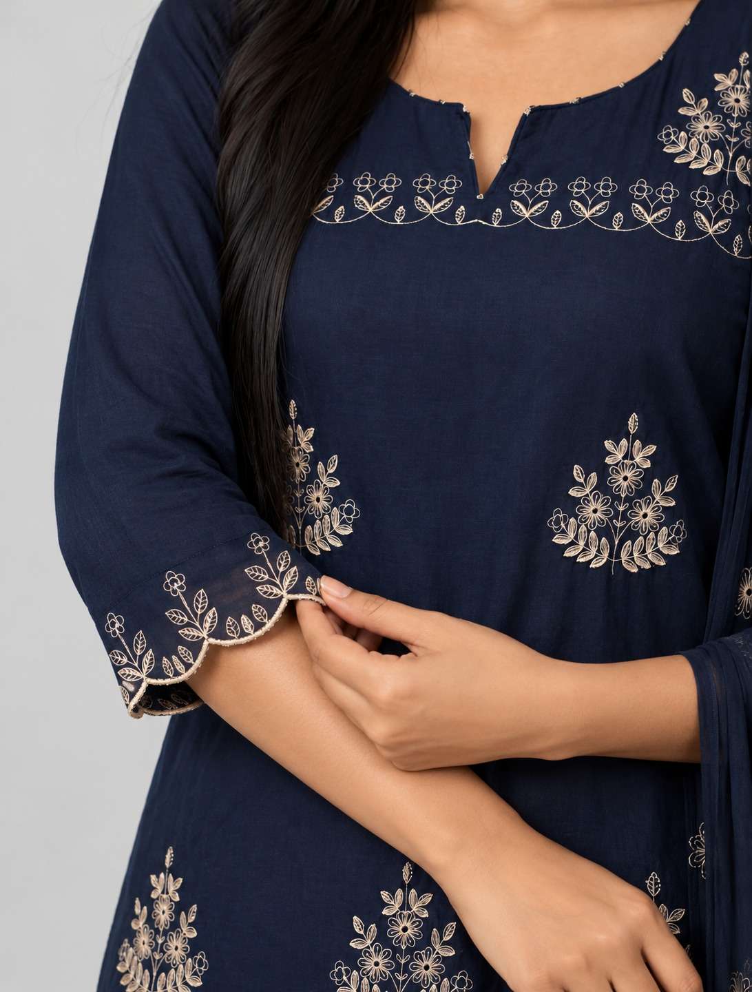 Navy Blue Embroidered Mul Cotton Kurta and Pant with Dupatta