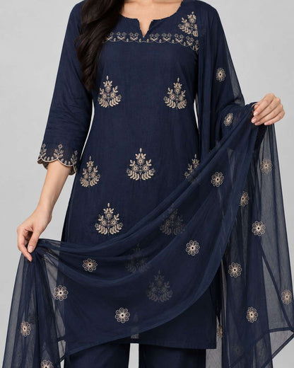 Navy Blue Embroidered Mul Cotton Kurta and Pant with Dupatta