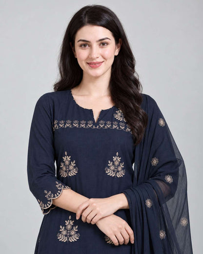 Navy Blue Embroidered Mul Cotton Kurta and Pant with Dupatta