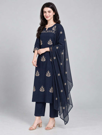Navy Blue Embroidered Mul Cotton Kurta and Pant with Dupatta