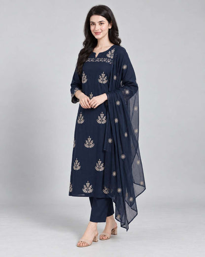 Navy Blue Embroidered Mul Cotton Kurta and Pant with Dupatta
