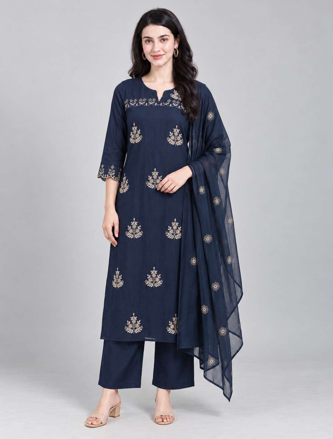 Navy Blue Embroidered Mul Cotton Kurta and Pant with Dupatta
