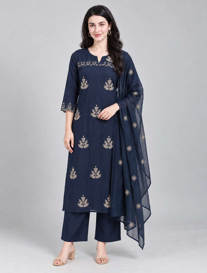 Navy Blue Embroidered Mul Cotton Kurta and Pant with Dupatta