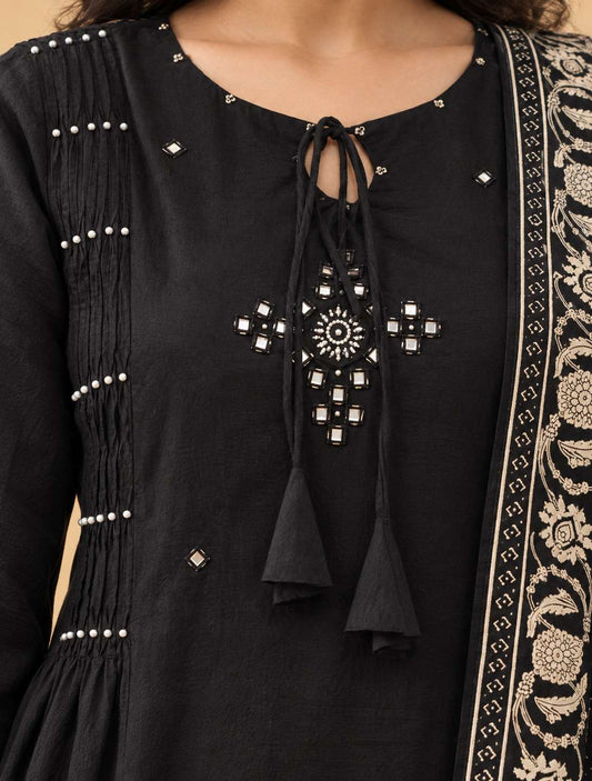 Black Printed Cotton Blend Kurta Pant and Dupatta