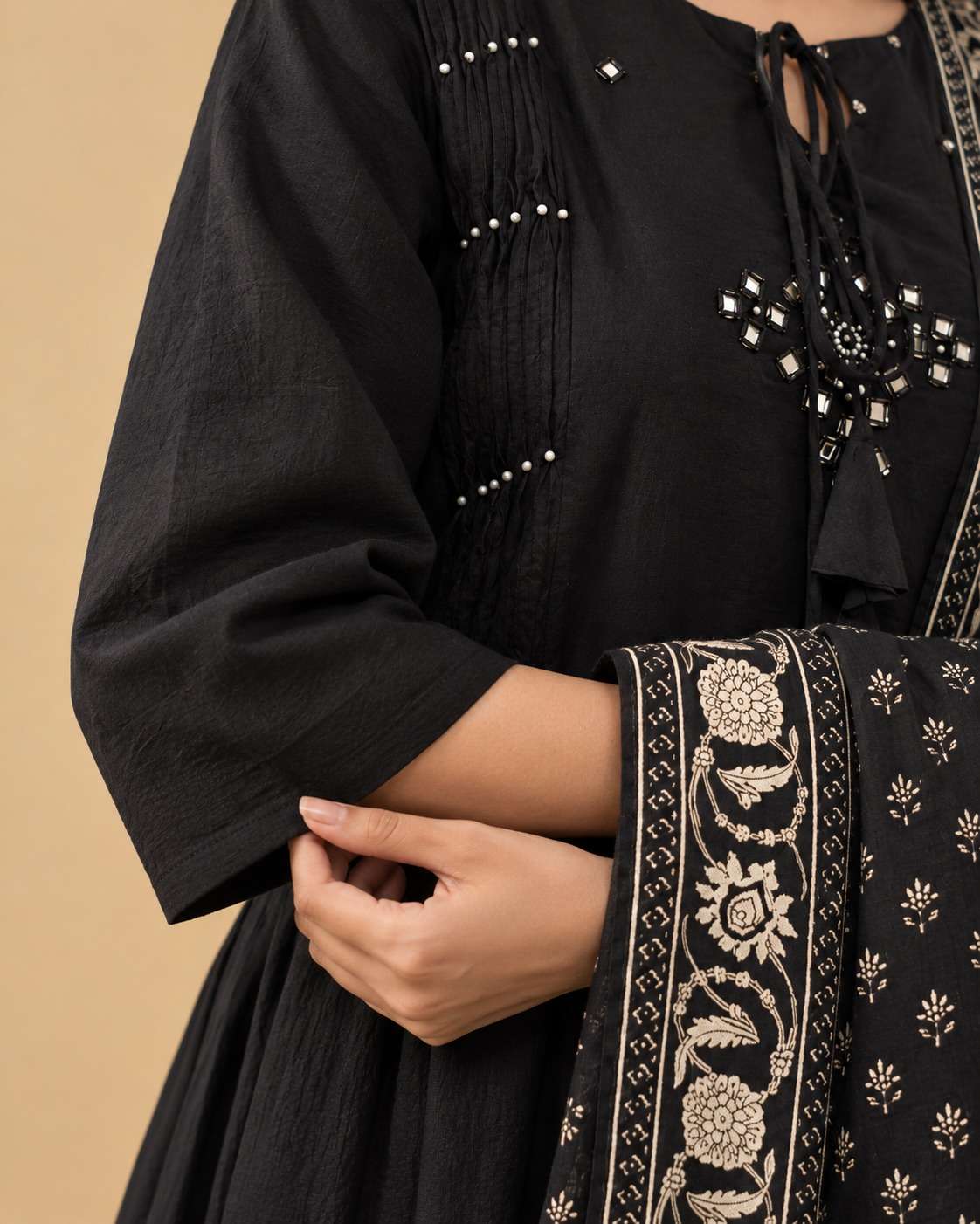 Black Printed Cotton Blend Kurta Pant and Dupatta