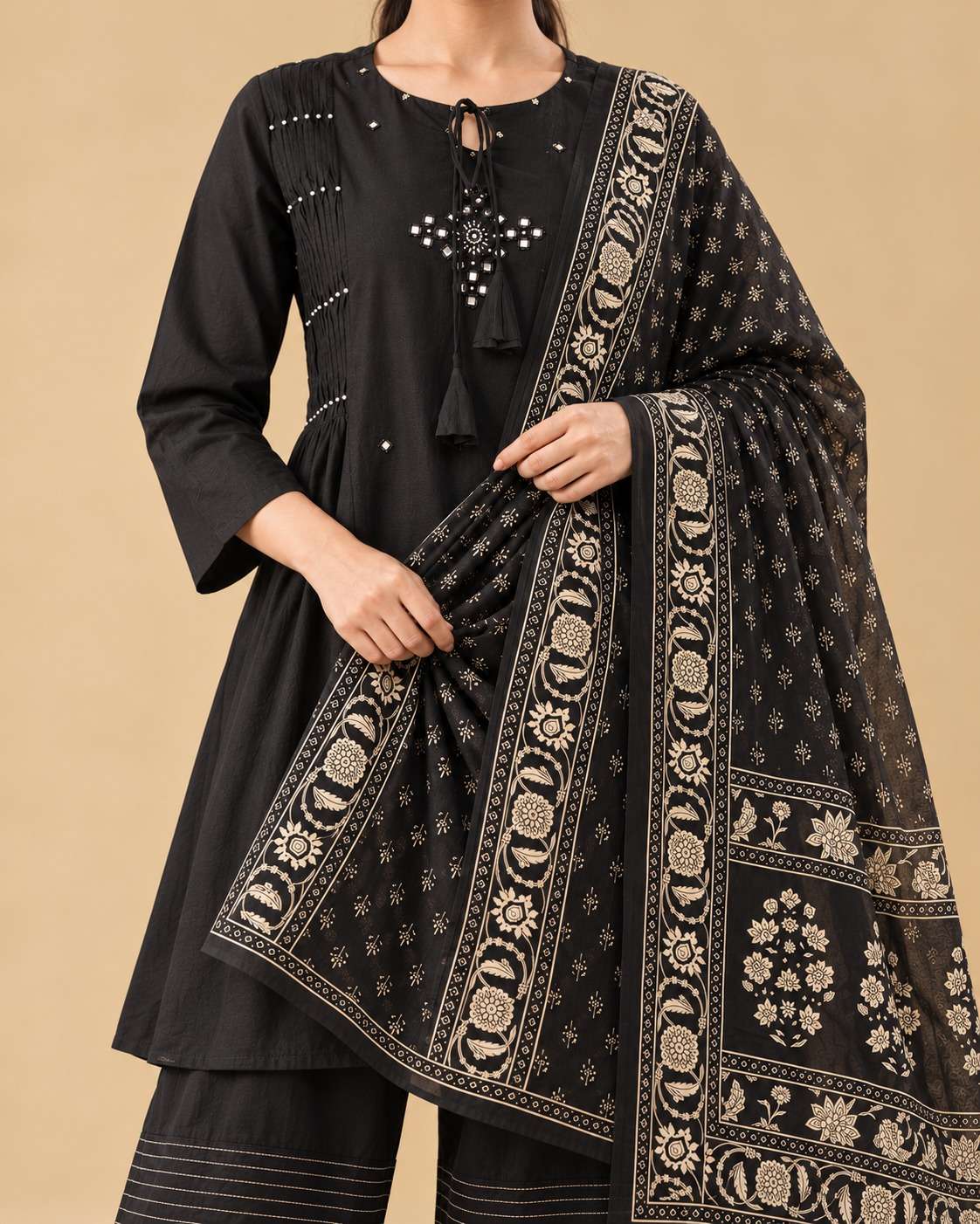 Black Printed Cotton Blend Kurta Pant and Dupatta