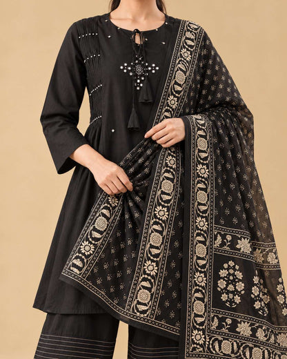 Black Printed Cotton Blend Kurta Pant and Dupatta