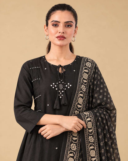 Black Printed Cotton Blend Kurta Pant and Dupatta