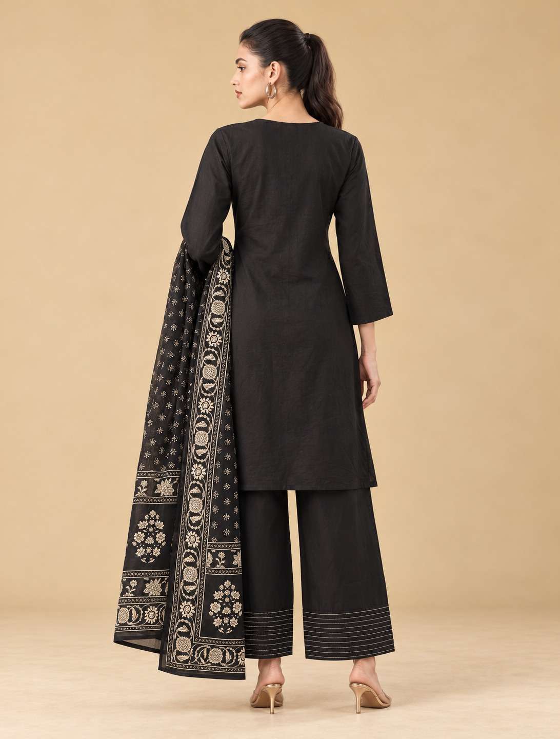 Black Printed Cotton Blend Kurta Pant and Dupatta