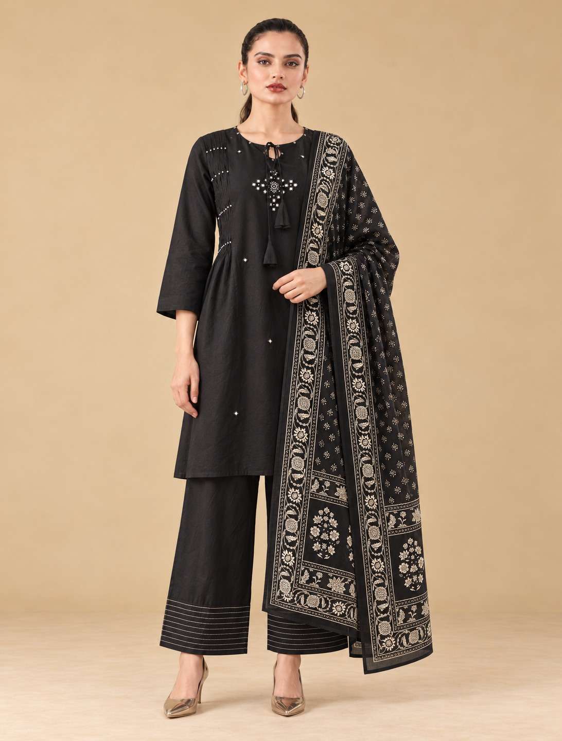 Black Printed Cotton Blend Kurta Pant and Dupatta