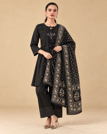 Black Printed Cotton Blend Kurta Pant and Dupatta