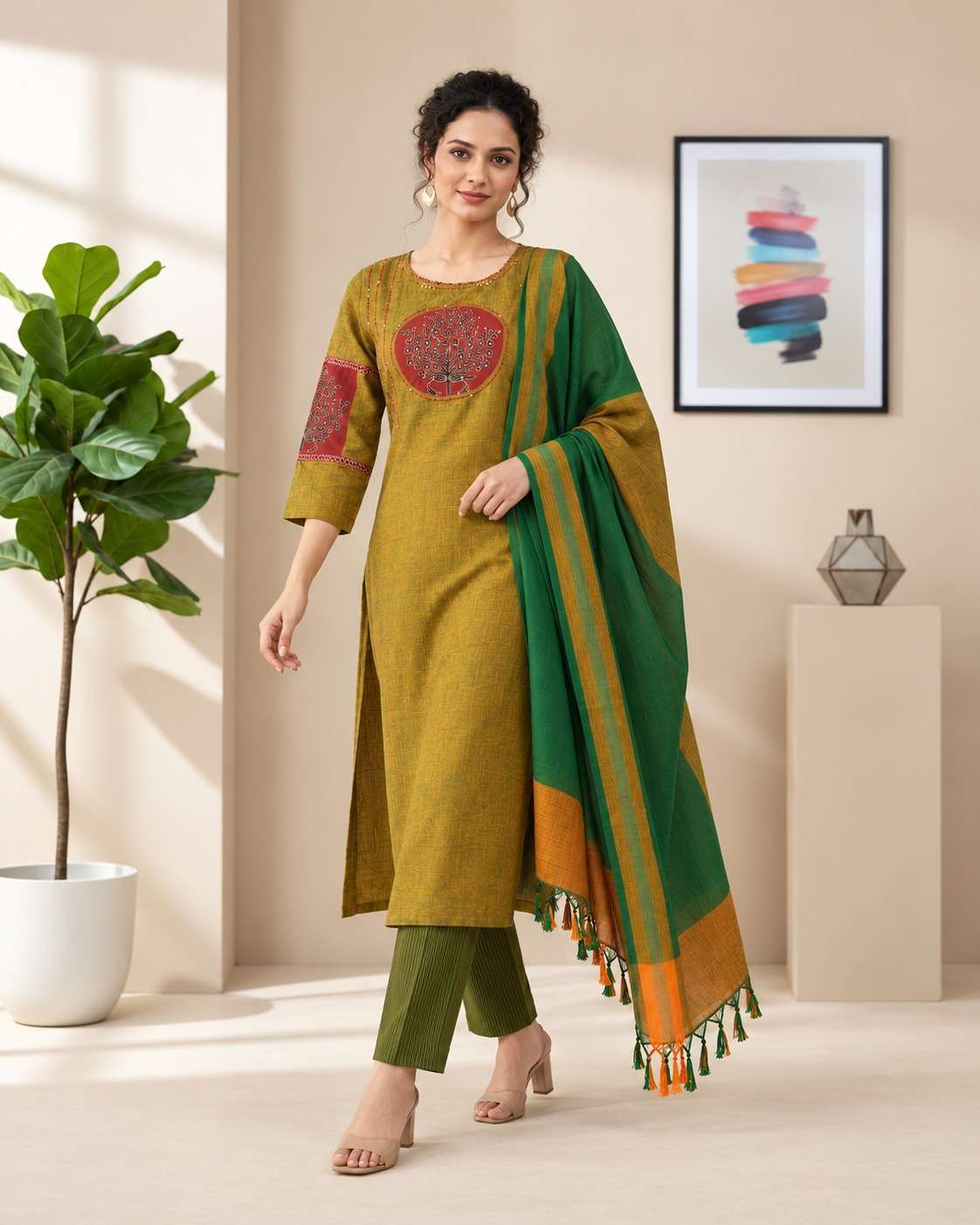 Green and Maroon Embroidered kurta and pant with dupatta