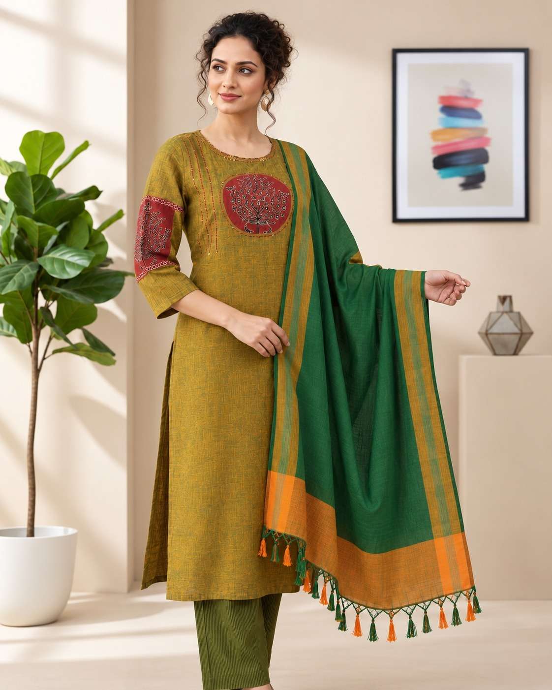 Green and Maroon Embroidered kurta and pant with dupatta