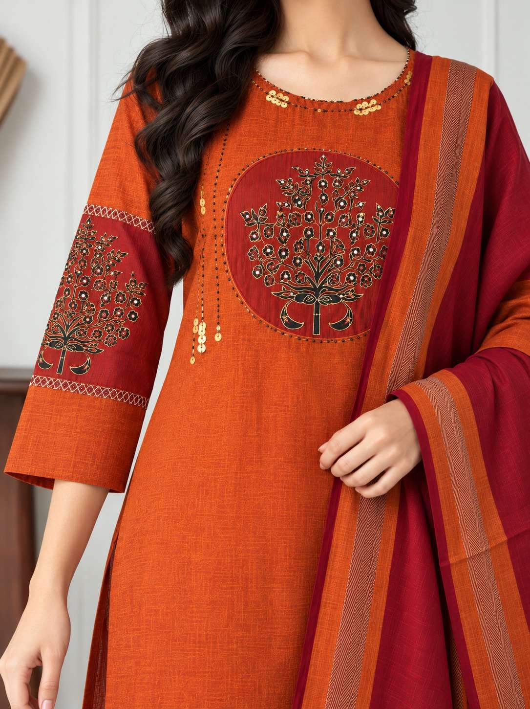 Orange and Maroon Embroidered kurta and pant with dupatta