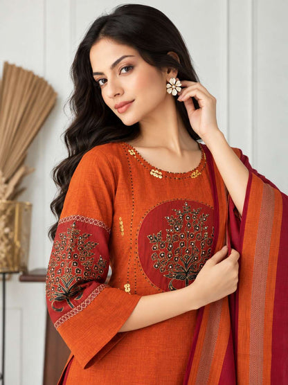 Orange and Maroon Embroidered kurta and pant with dupatta