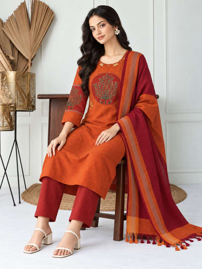 Orange and Maroon Embroidered kurta and pant with dupatta
