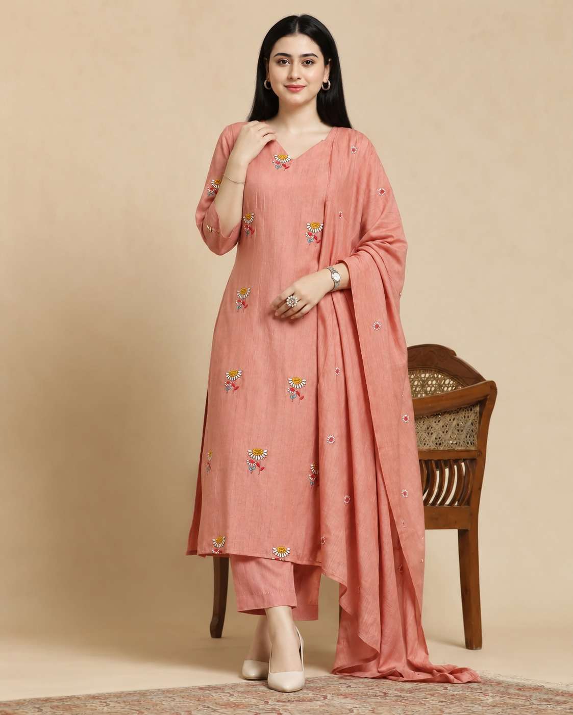 Blush Pink Embroidered Crushed Palli Silk Kurta and Pant with Dupatta