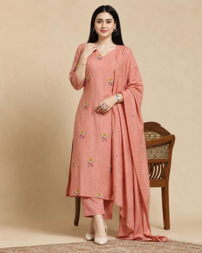 Blush Pink Embroidered Crushed Palli Silk Kurta and Pant with Dupatta