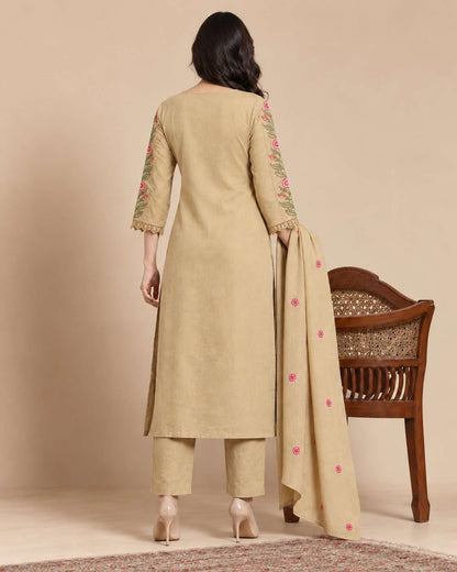 Cream Embroidered Mul Cotton Kurta and Printed Pant with Dupatta