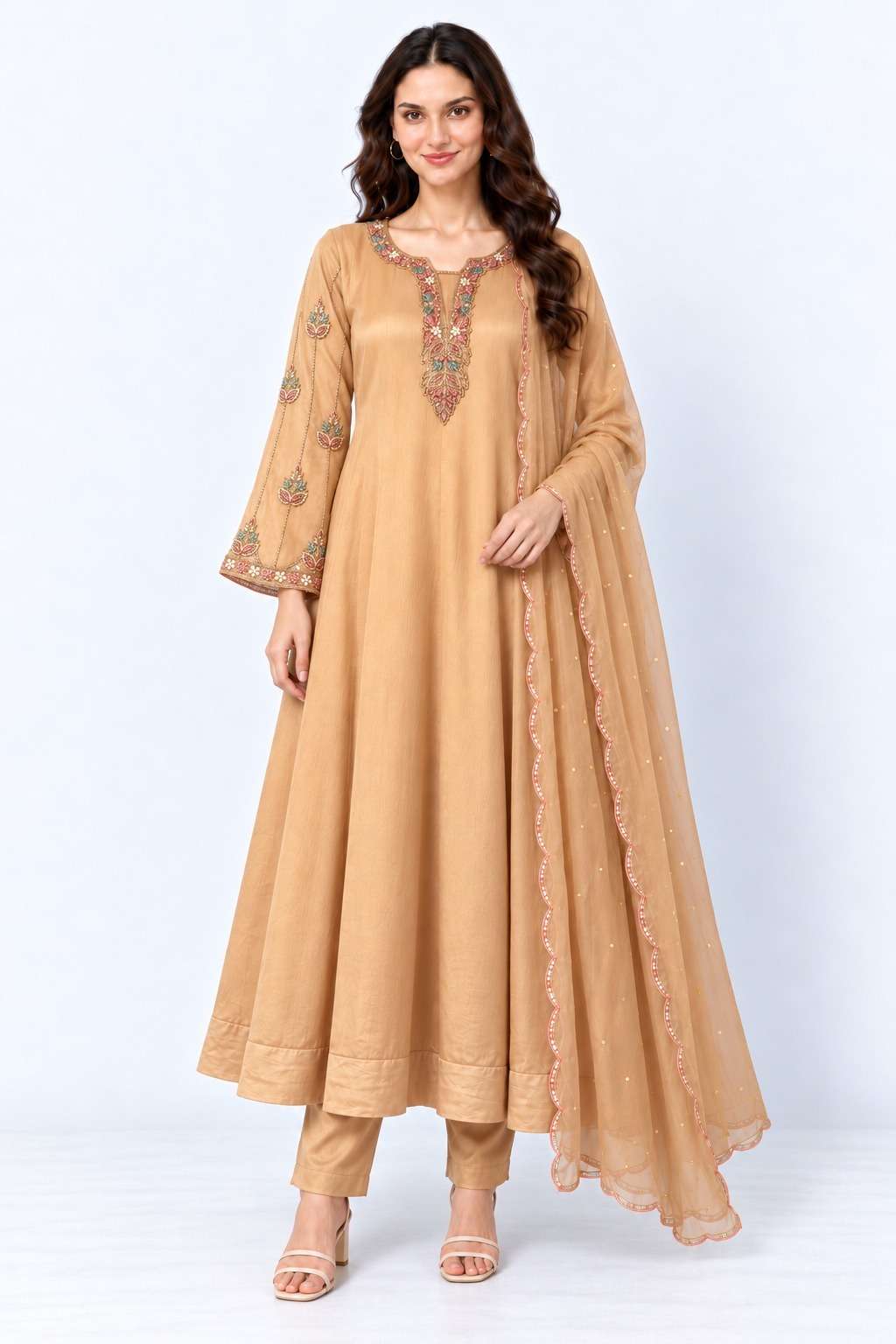 Rose Gold Embroidered Chinon Anarkali Kurta and Pant with Dupatta