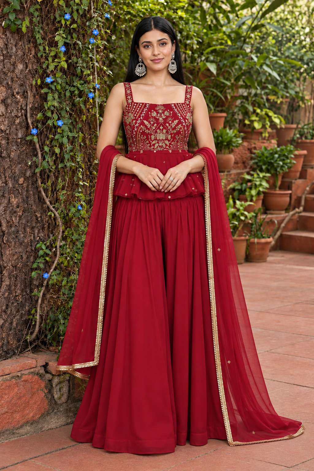Pink Silk Blend Embroidered Peplum Short Kurta and Wide Palazzo Pants with Dupatta and Belt