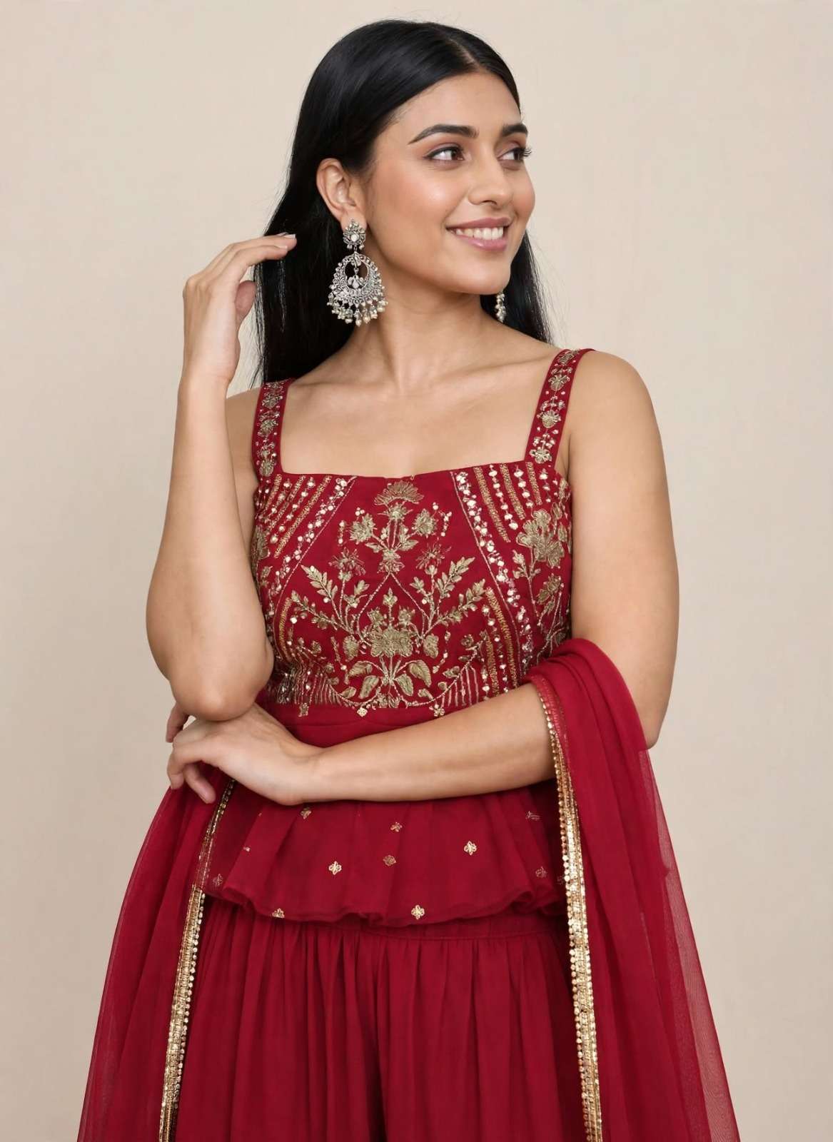 Pink Silk Blend Embroidered Peplum Short Kurta and Wide Palazzo Pants with Dupatta and Belt