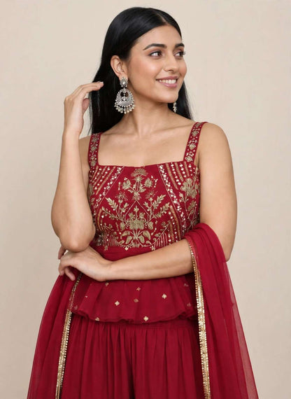 Pink Silk Blend Embroidered Peplum Short Kurta and Wide Palazzo Pants with Dupatta and Belt