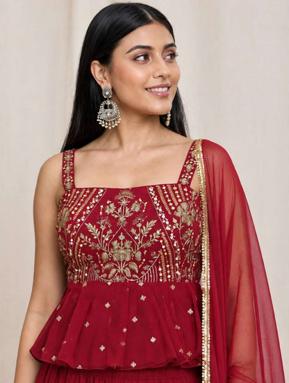 Pink Silk Blend Embroidered Peplum Short Kurta and Wide Palazzo Pants with Dupatta and Belt
