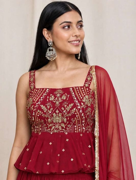 Pink Silk Blend Embroidered Peplum Short Kurta and Wide Palazzo Pants with Dupatta and Belt