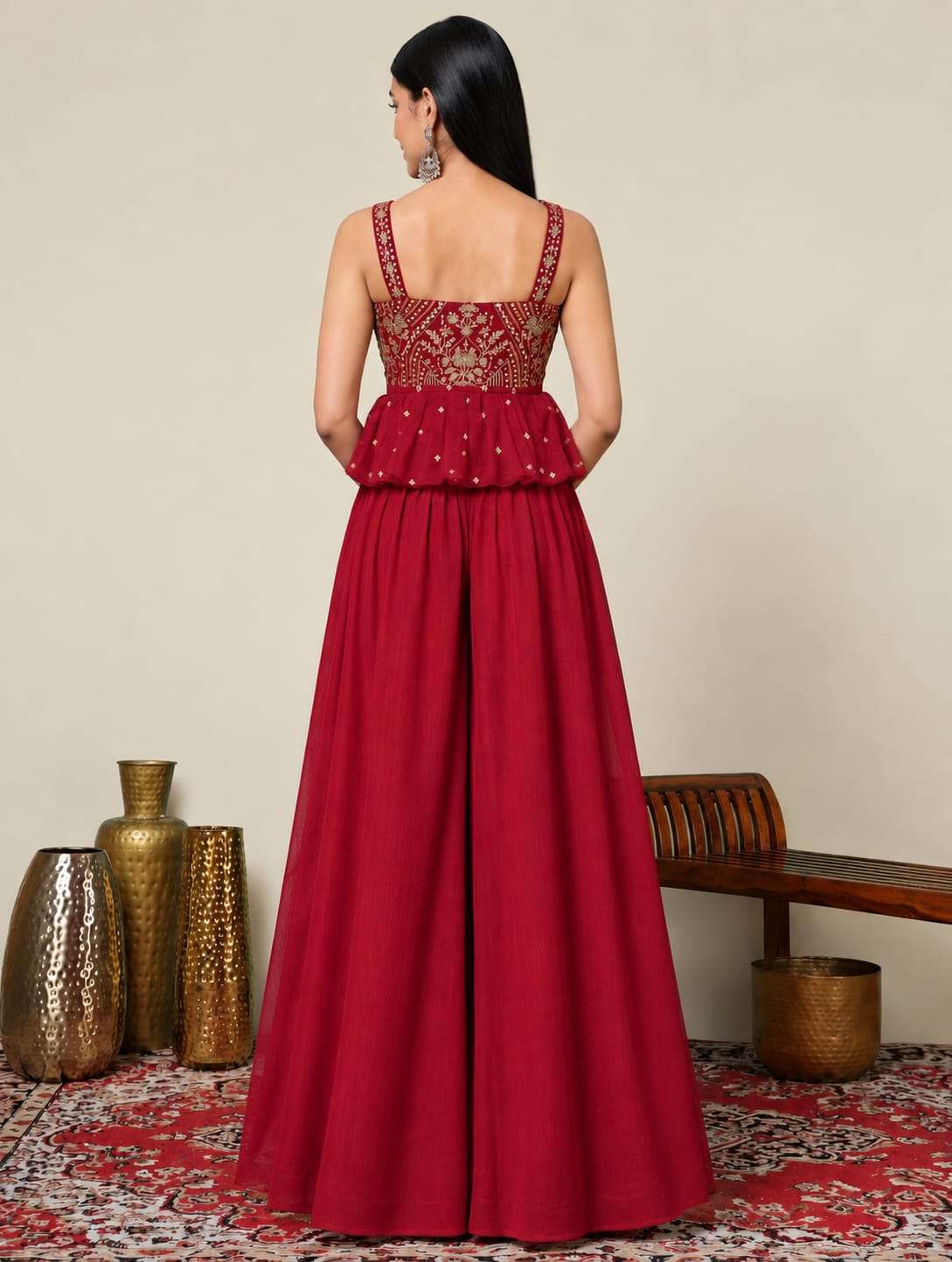 Pink Silk Blend Embroidered Peplum Short Kurta and Wide Palazzo Pants with Dupatta and Belt