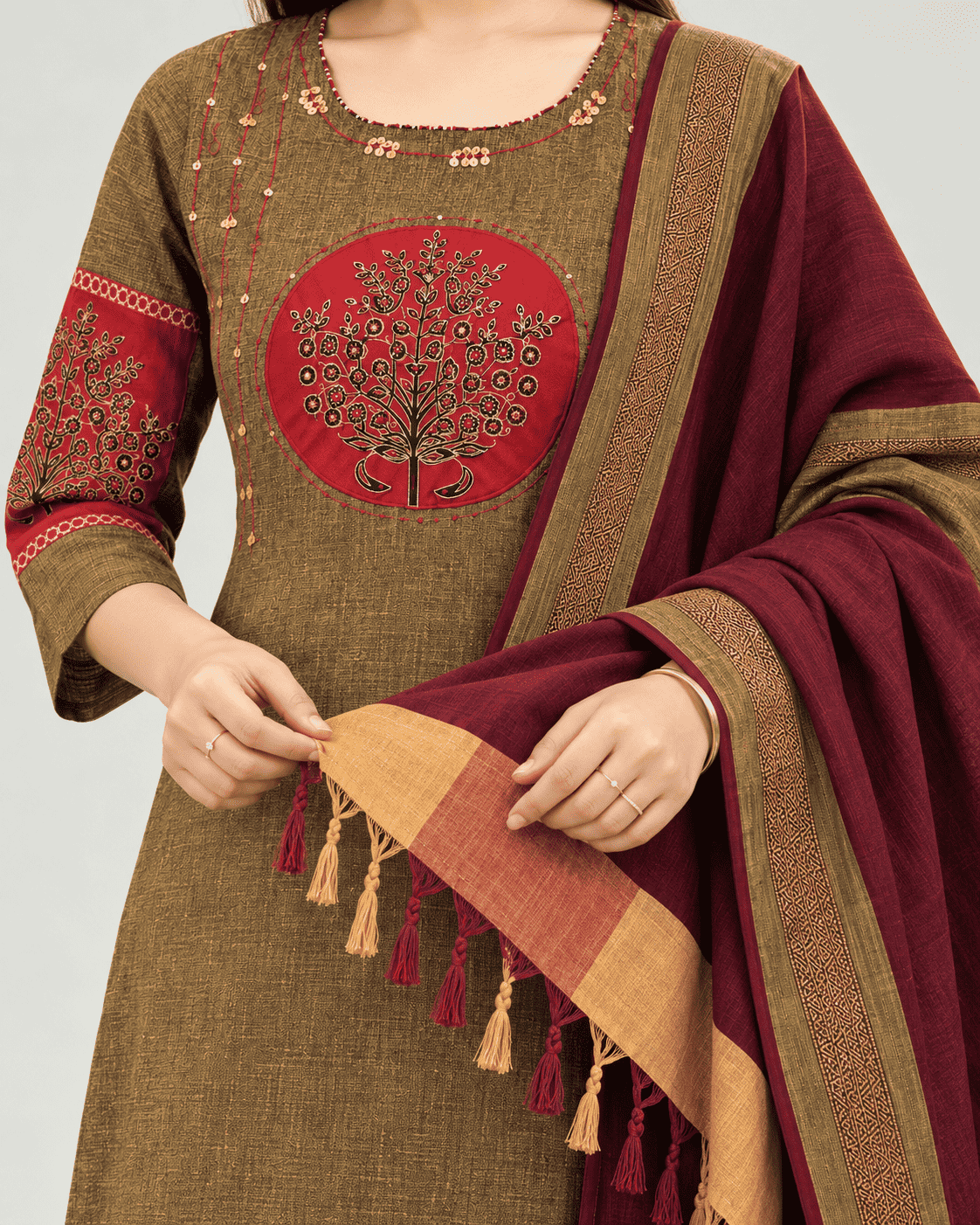 Brown and Maroon Embroidered kurta and pant with dupatta