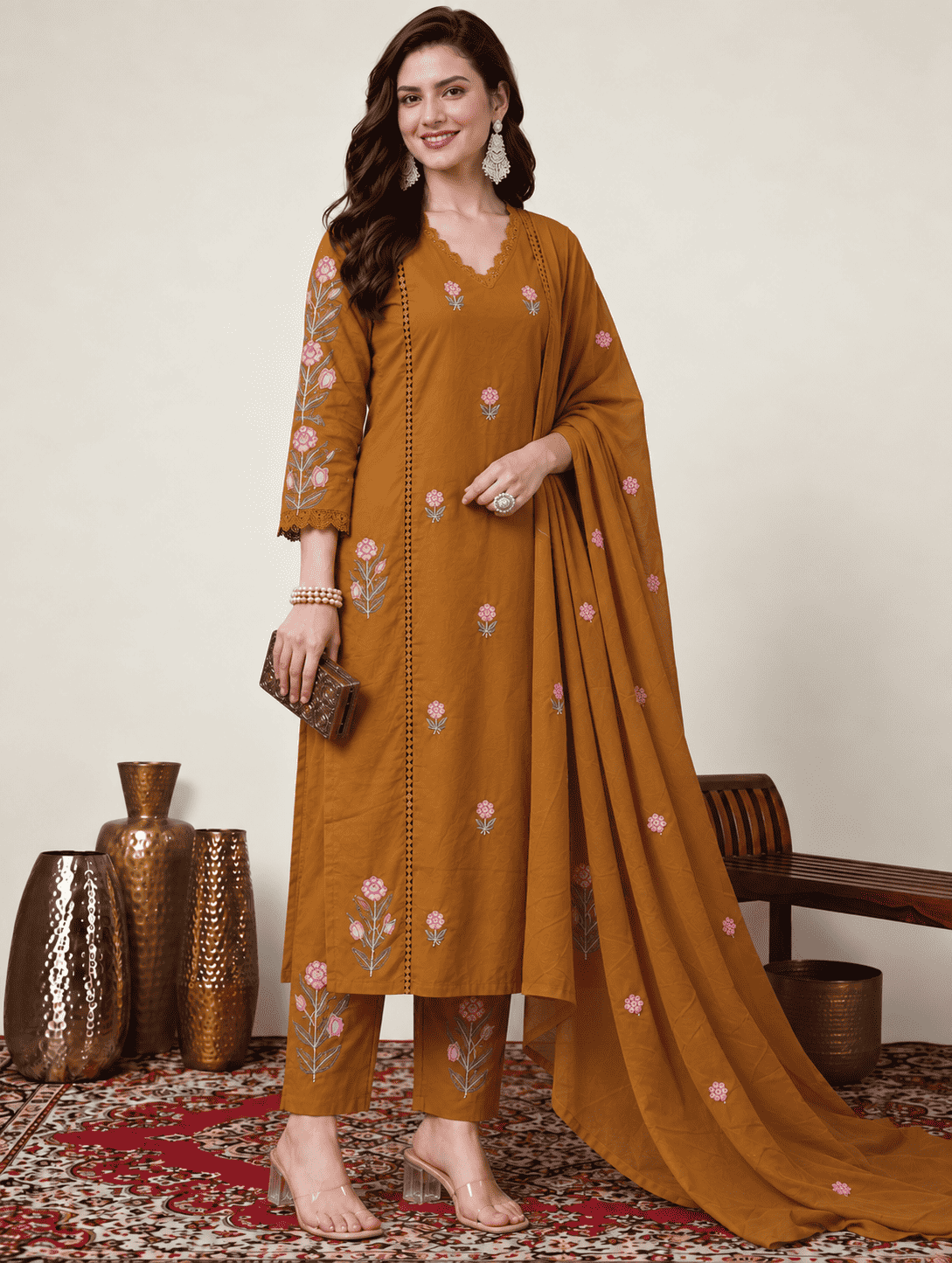 Mustard Embroidered Mul Cotton Kurta and Pant with Dupatta