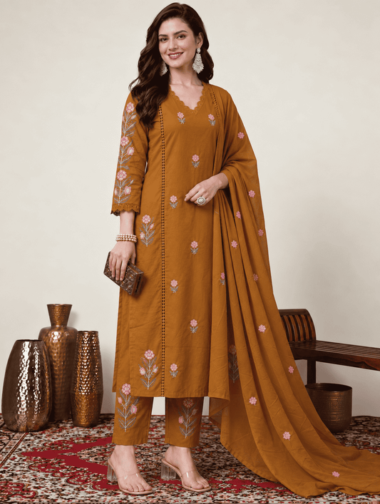 Mustard Embroidered Mul Cotton Kurta and Pant with Dupatta
