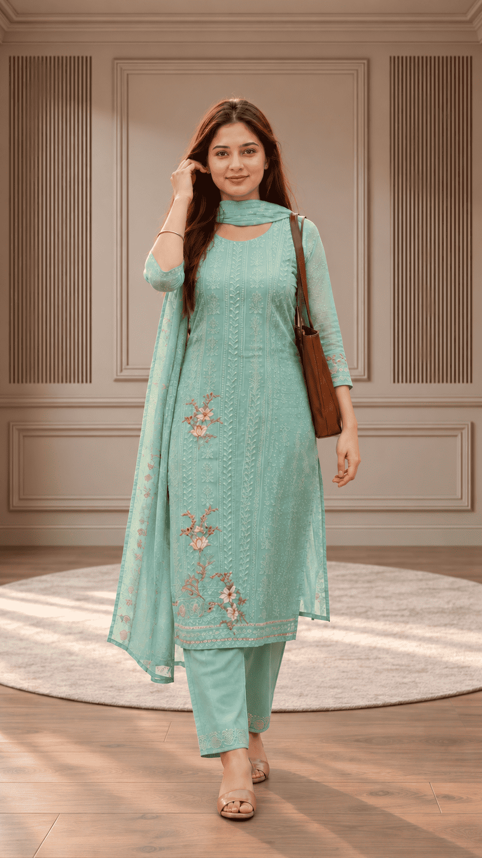 Unstitched Soft Aqua Blue Chiffon Suit With Tonal Thread Embroidery And Subtle Floral Digital Print Highlights