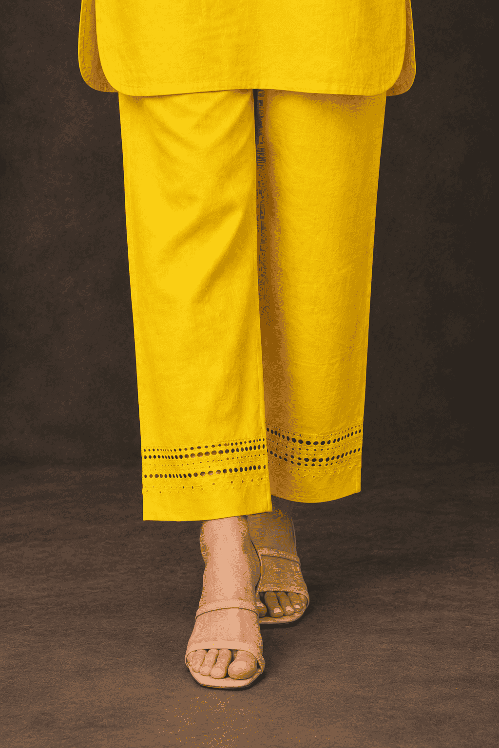 Mustard embroidered sleeves  linen kurta pant set