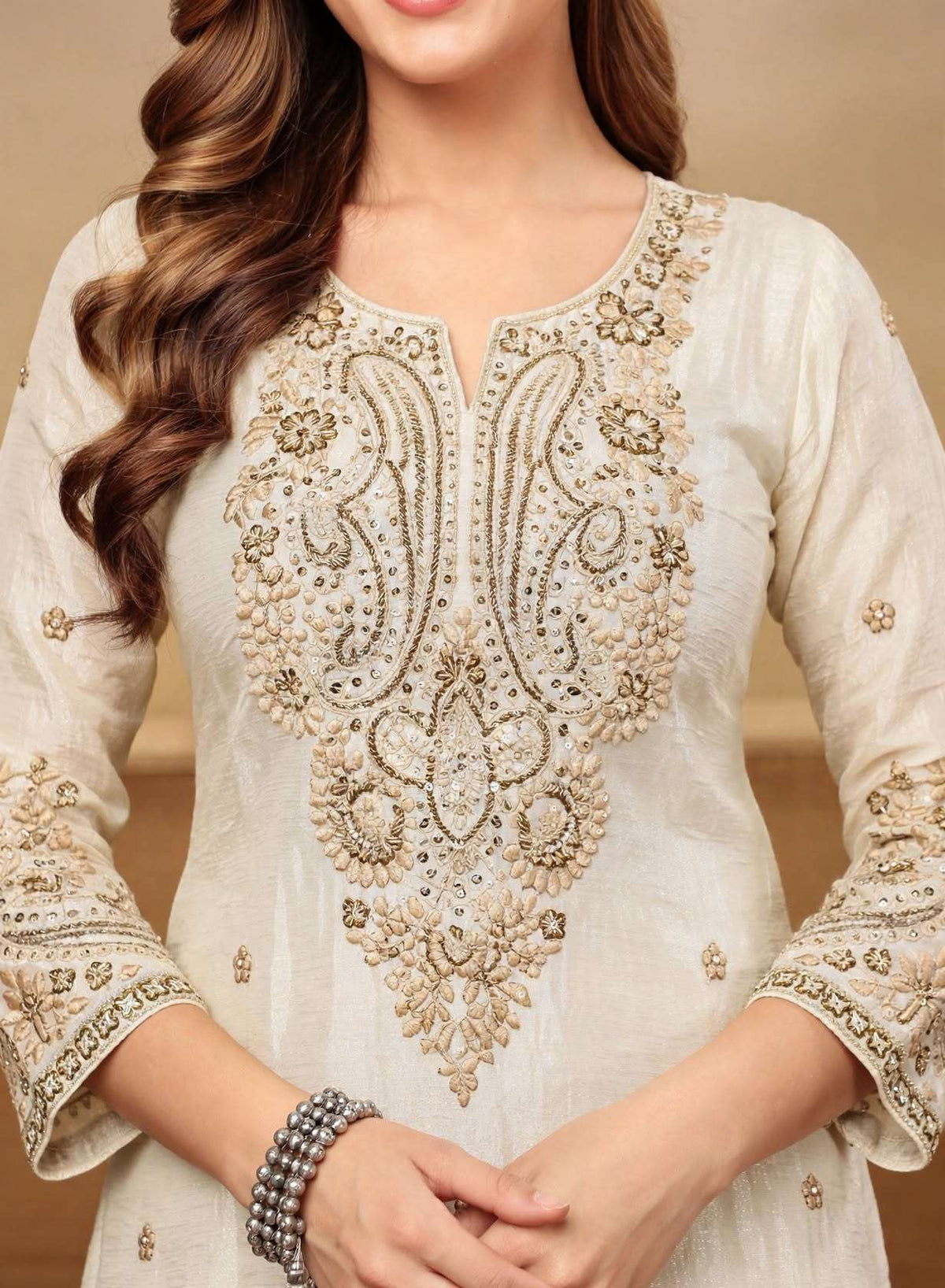 Ivory Embroidered Chinon Kurta Gharara and Dupatta Set