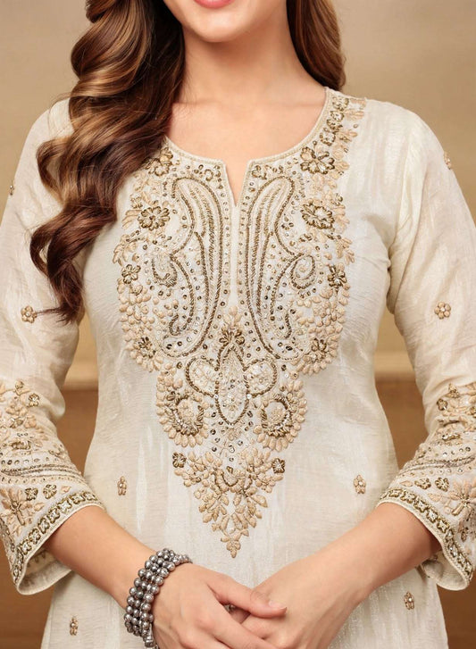 Ivory Embroidered Chinon Kurta Gharara and Dupatta Set