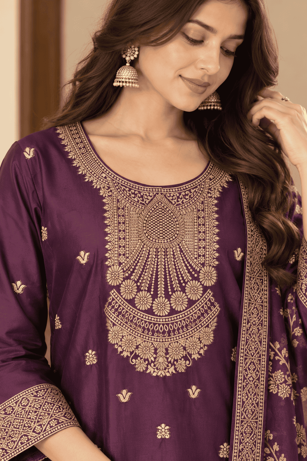 Wine Cotton Silk Blend Kurta Pant and Dupatta Set