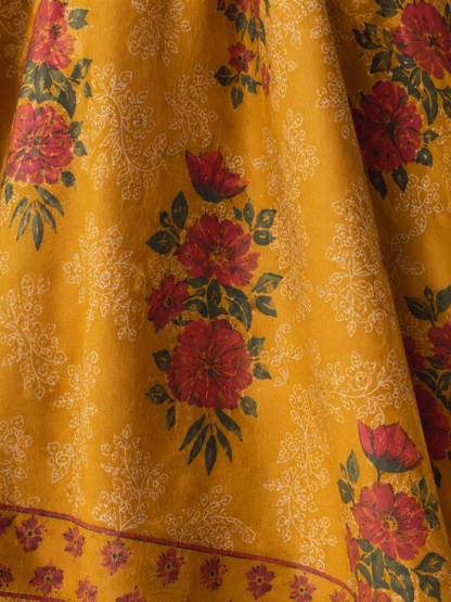Mustard Yellow Cotton Blend Printed Anarkali Kurta and Pant with Dupatta