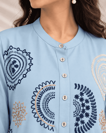 Sky Blue Butter Crepe Embroidered Kurta Pant Set