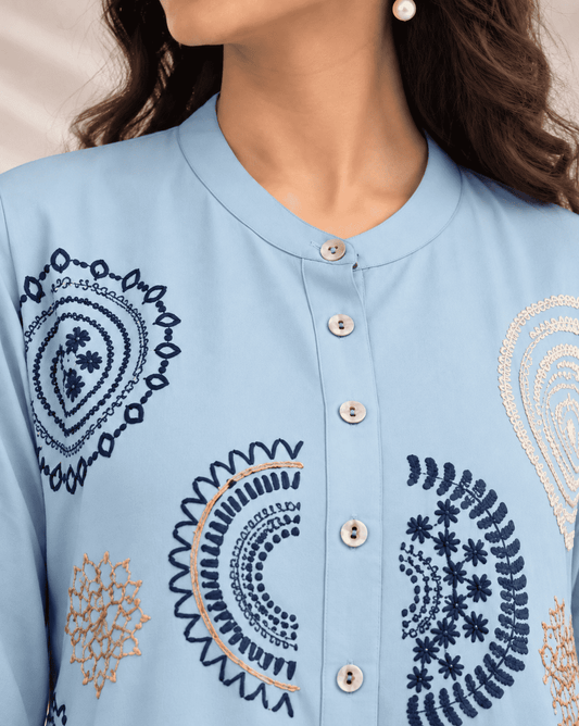 Sky Blue Butter Crepe Embroidered Kurta Pant Set