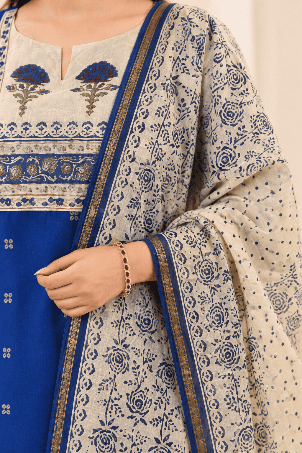 Blue Printed Cotton Kurta and pant with dupatta