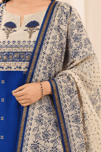 Blue Printed Cotton Kurta and pant with dupatta